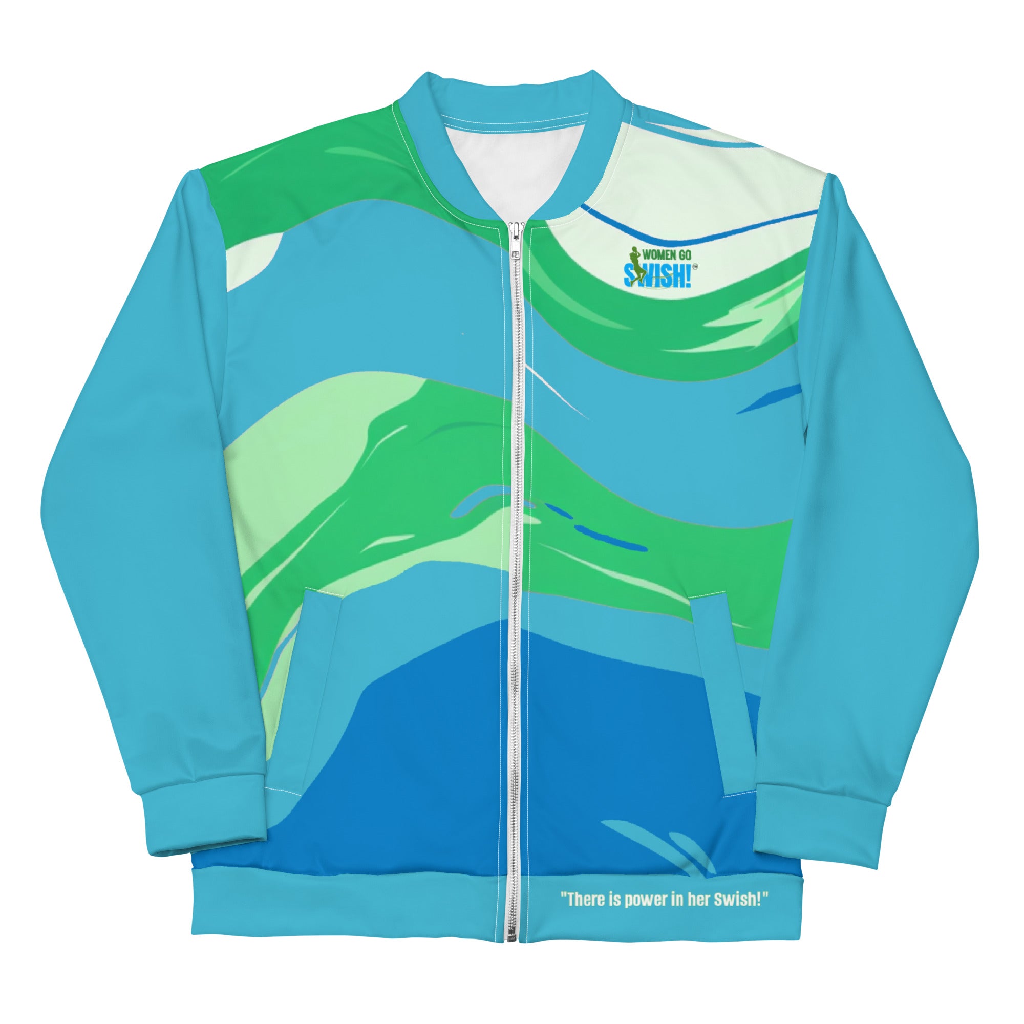 Fashionable Bomber Jacket - Divine Boss Collection The Divine Boss Bomber Jacket is crafted with vibrant colors and a stylish swishing design. Wear over your Women Go Swish tees, leggings, and hoodies. Women Go Swish