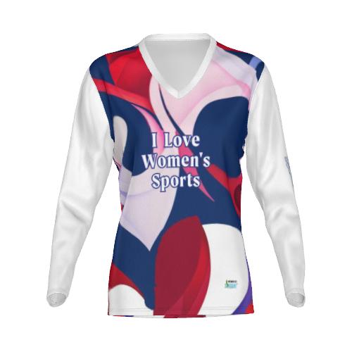 "I Love Women's Sports" Red, Blue, & White LS V-neck Tee Wear your love for women's sports in the "I Love Women's Sports" LS V-Neck Tee. Made from brush tricot fabric, it's both breathable & beautiful! A game winner! Women Go Swish