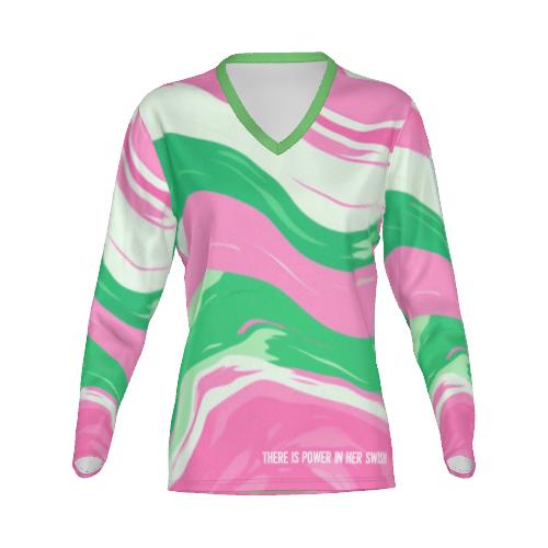 Pink and Green Swirl Long Sleeve Graphic Tee Let the pink and green wind velocity take you away, in this Pink and Green Swirl Long Sleeve Graphic Tee! Crafted from a brush tricot fabric, this V-neck fashion tee is perfect for any woman sports enthusiast w