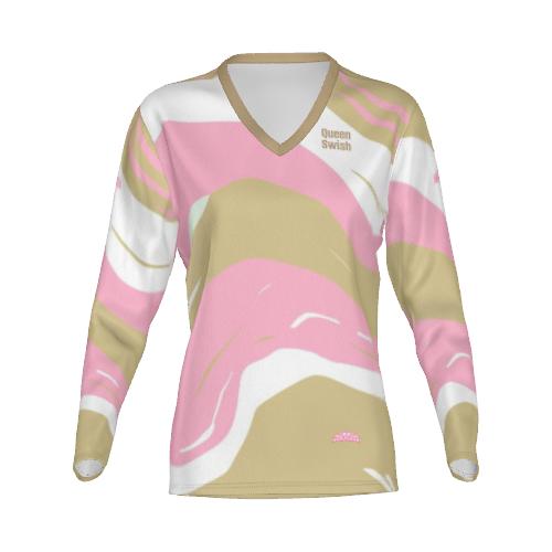 Queen Swish Gold and Pink Long Sleeve Lux V-Neck Tee