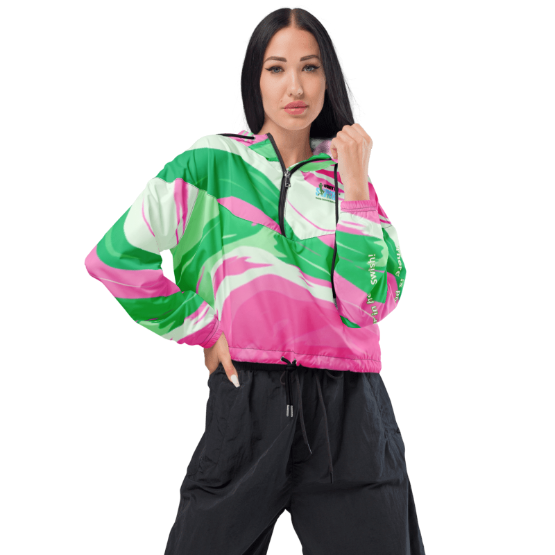 Pink and Green Swirl Warmup Jacket Add a pop of style to your activewear with the Pink and Green Swirl Warmup Jacket. This lightweight, waterproof windbreaker is the perfect outer layer for all your outdoor adventures, or even a casual meal out. Featuring