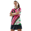 Pink Black and Green Athletic Jersey Pink, Black, Green Fashion Sports Jersey, is made of 100% recycled polyester fabric, breathable & moisture-wicking with a premium double-layered V-neck collar. Women Go Swish