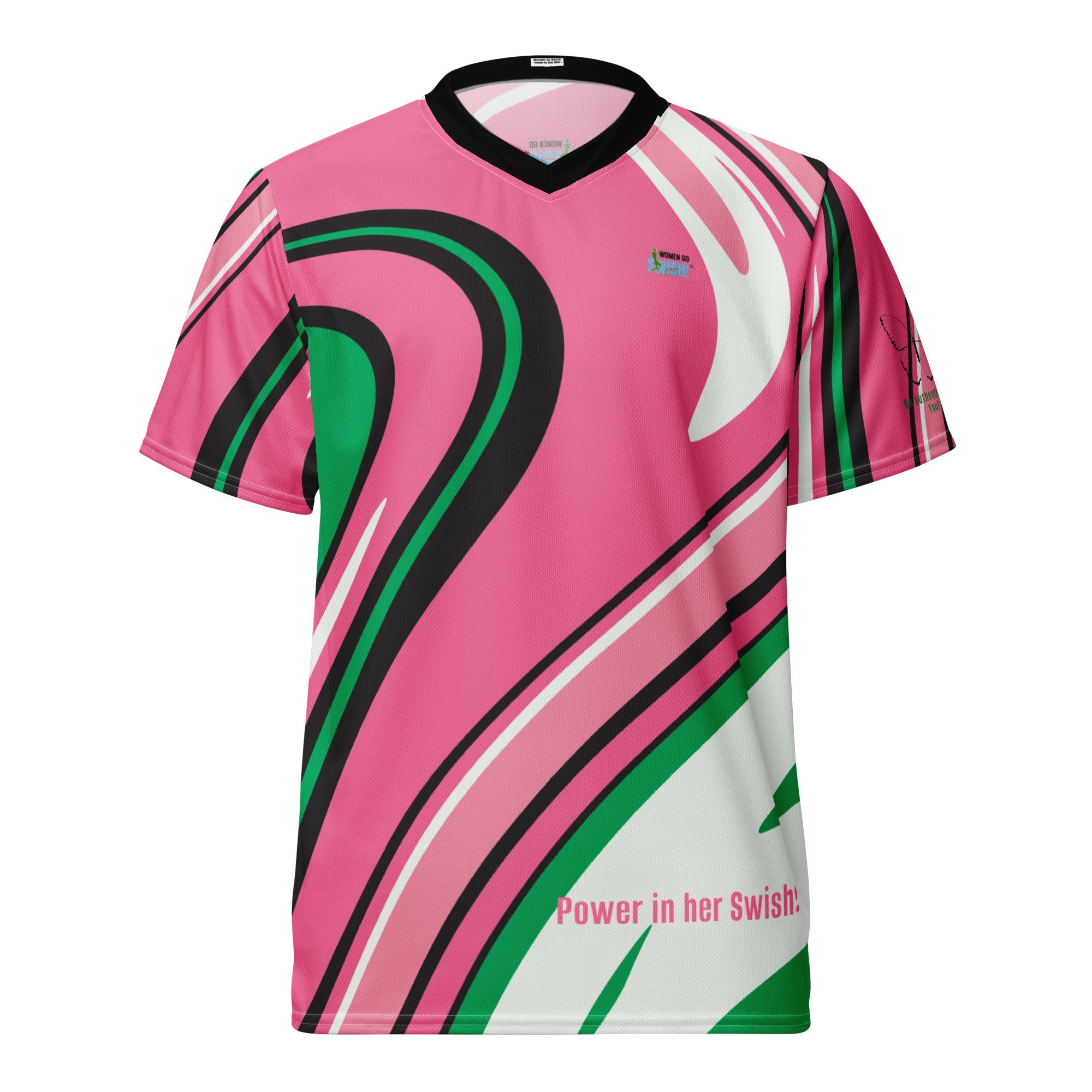 Pink Black and Green Athletic Jersey Pink, Black, Green Fashion Sports Jersey, is made of 100% recycled polyester fabric, breathable & moisture-wicking with a premium double-layered V-neck collar. Women Go Swish