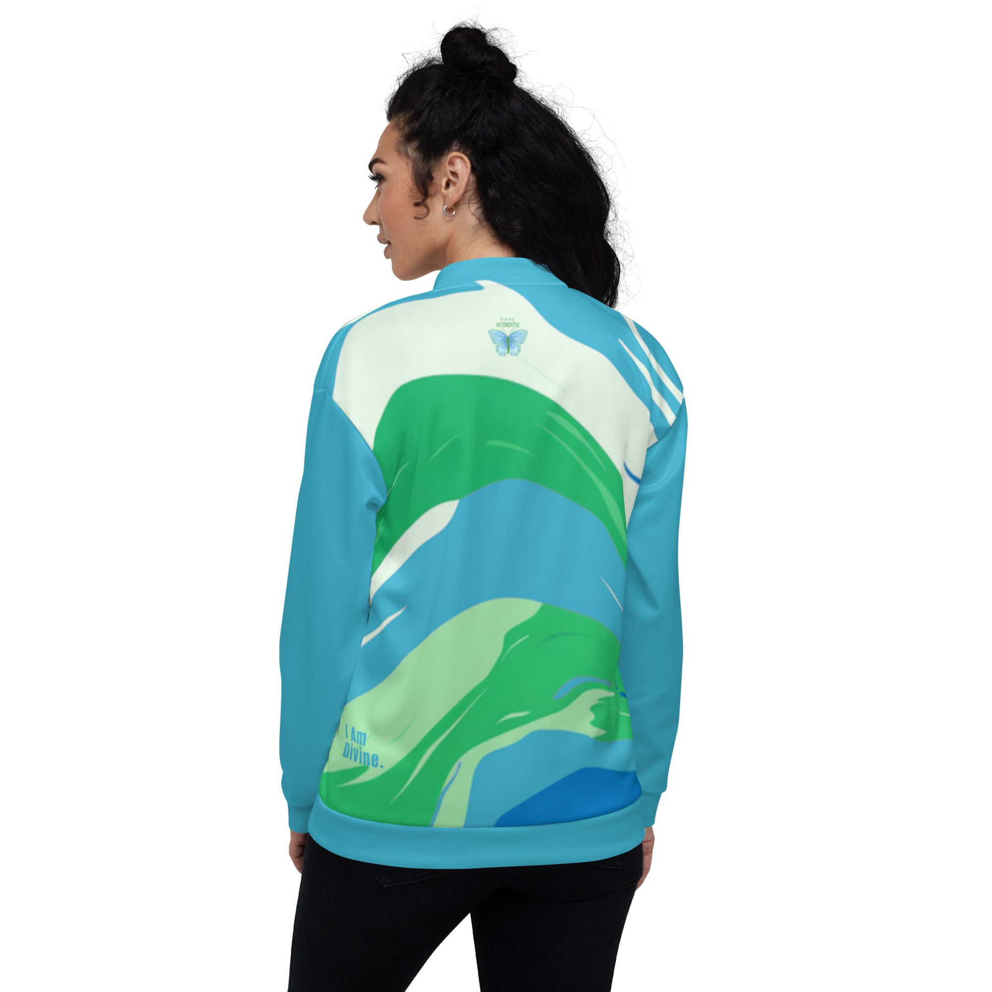 Fashionable Bomber Jacket - Divine Boss Collection The Divine Boss Bomber Jacket is crafted with vibrant colors and a stylish swishing design. Wear over your Women Go Swish tees, leggings, and hoodies. Women Go Swish