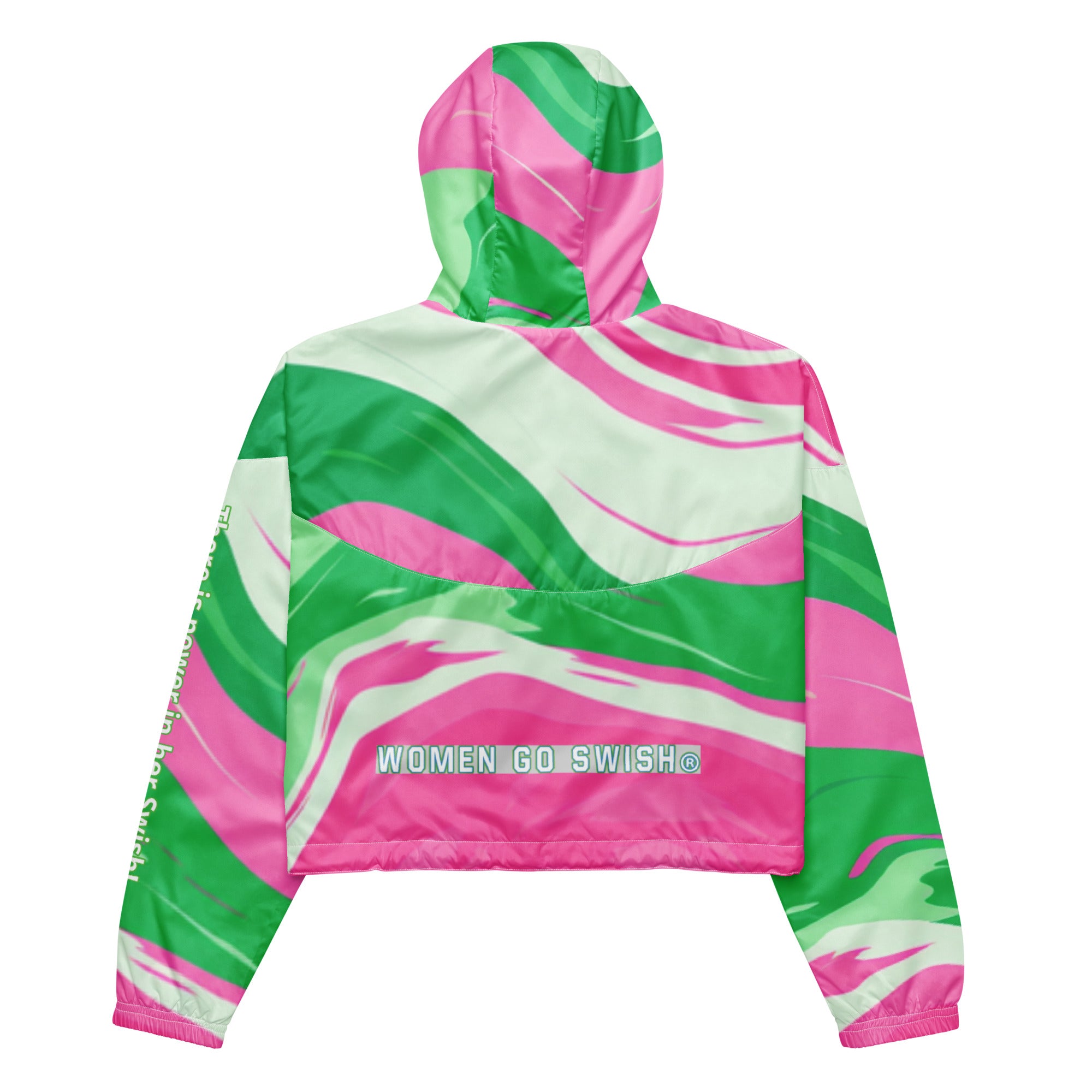 Pink and Green Swirl Warmup Jacket Add a pop of style to your activewear with the Pink and Green Swirl Warmup Jacket. This lightweight, waterproof windbreaker is the perfect outer layer for all your outdoor adventures, or even a casual meal out. Featuring