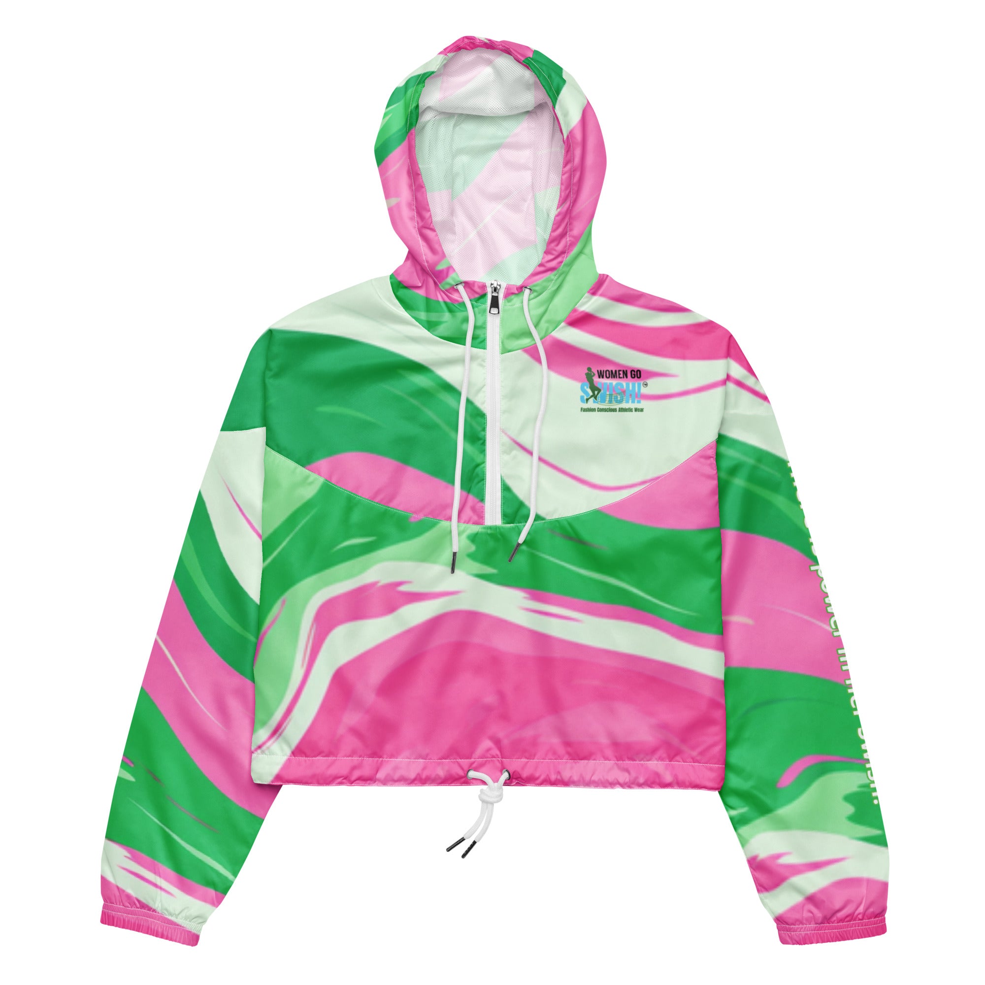 Pink and Green Swirl Warmup Jacket Add a pop of style to your activewear with the Pink and Green Swirl Warmup Jacket. This lightweight, waterproof windbreaker is the perfect outer layer for all your outdoor adventures, or even a casual meal out. Featuring