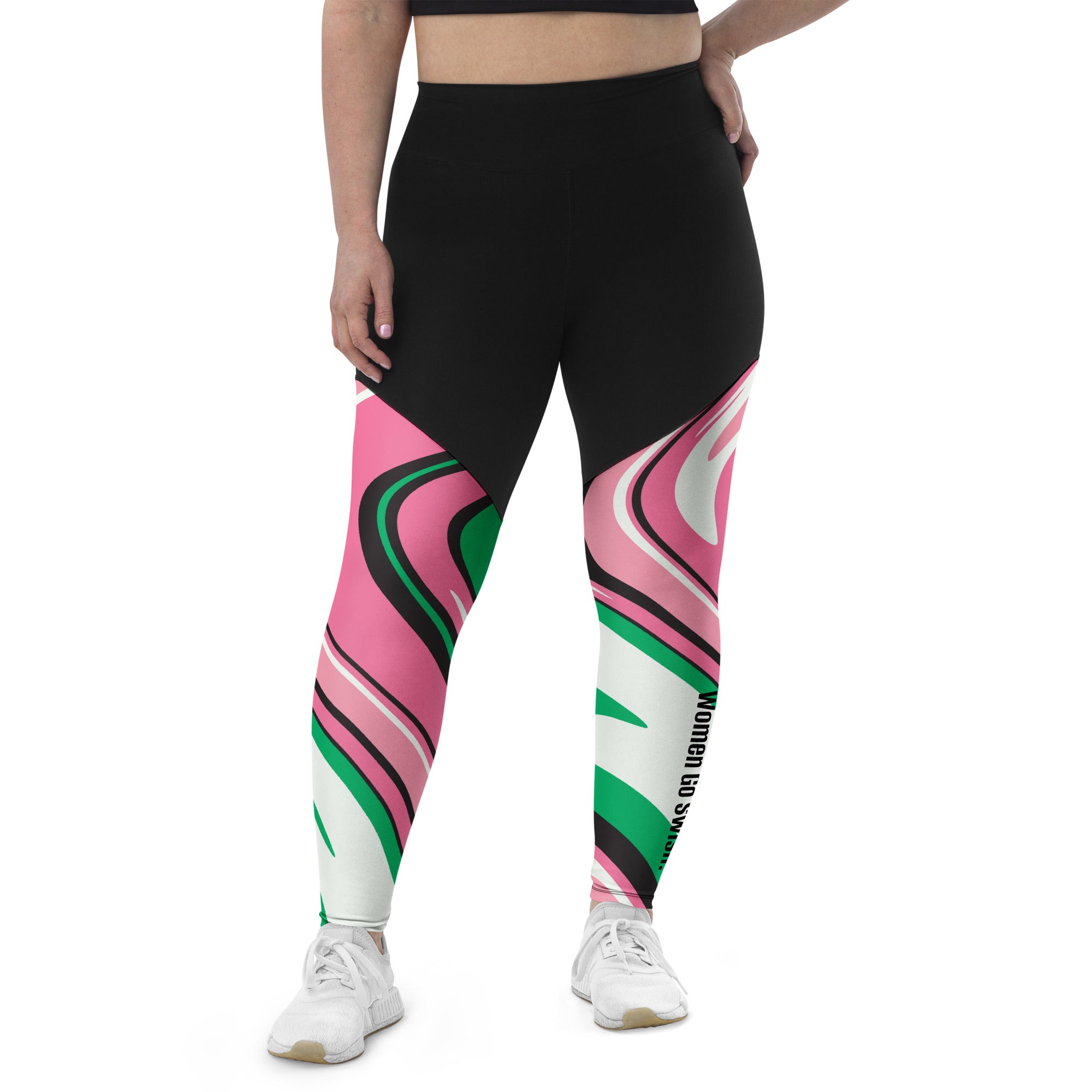 Pink, Black, and Green Sports Leggings High-intensity workout with these Pink, Black, Green Sports Leggings. The compression fabric provides a slimming effect with a comfortable fit. Women Go Swish